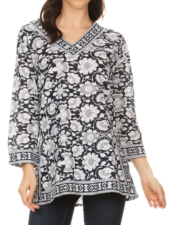 Sakkas Assia Damask Floral Long Sleeve Blouse Tunic#color_Blue