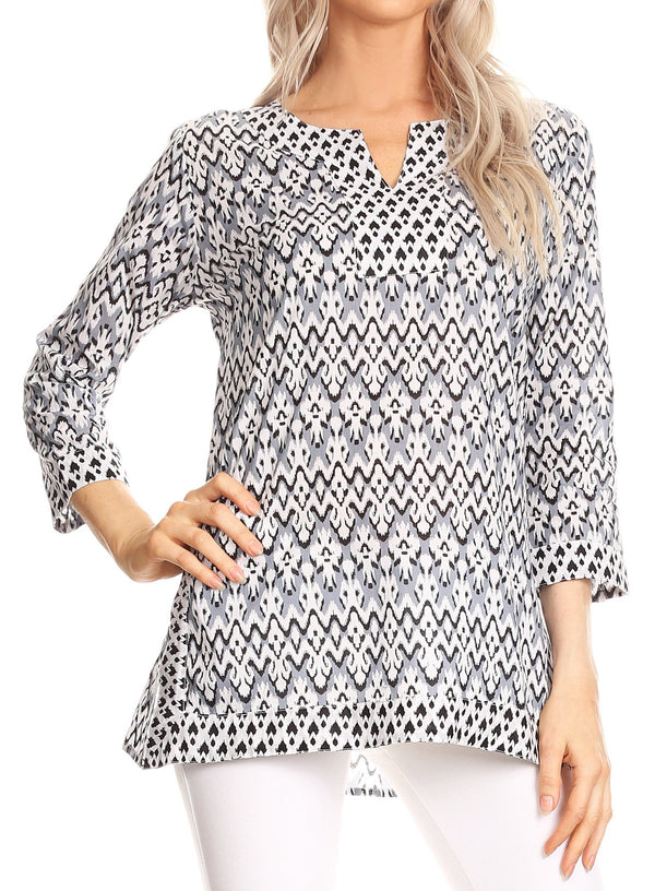 Sakkas Oana 3/4 Sleeve Split Neck Tribal Print Tunic#color_Grey