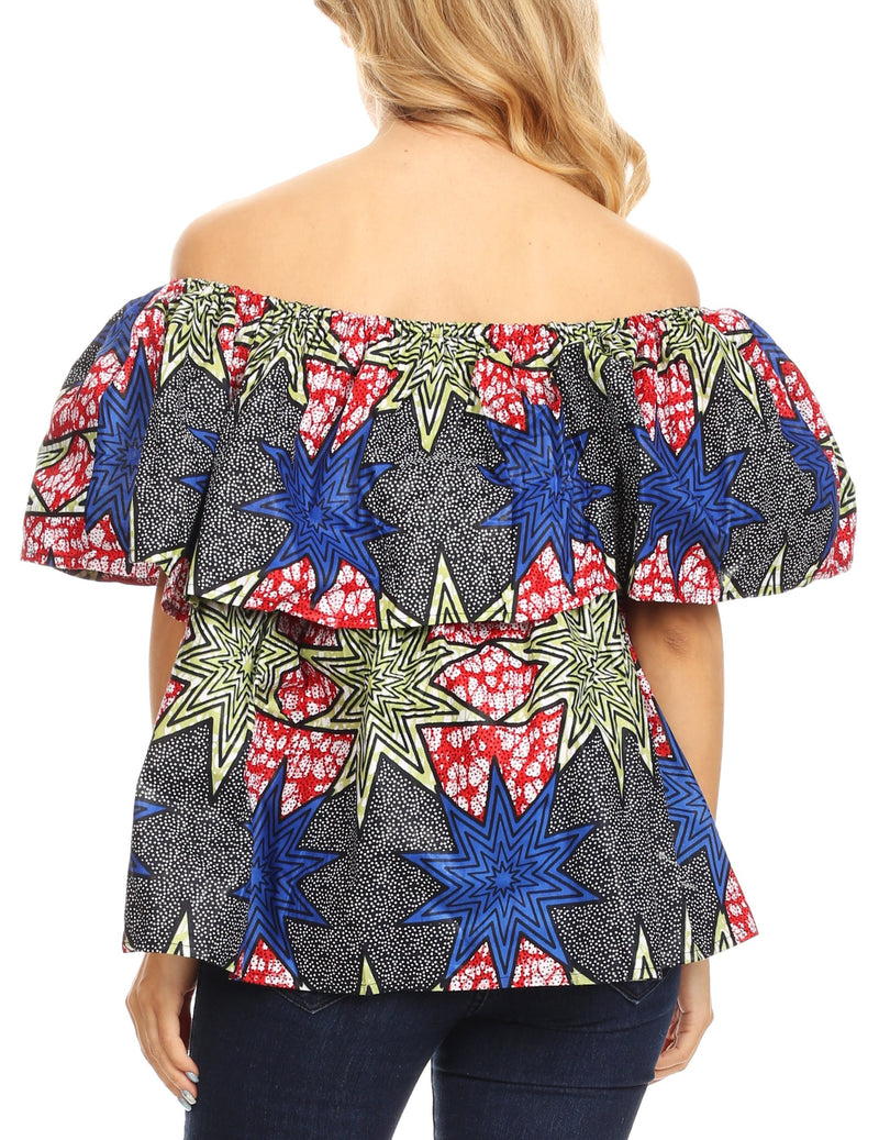 Sakkas Imani Colorful Wax African Ankara Dutch Off-shoulder Blouse Top Gorgeous