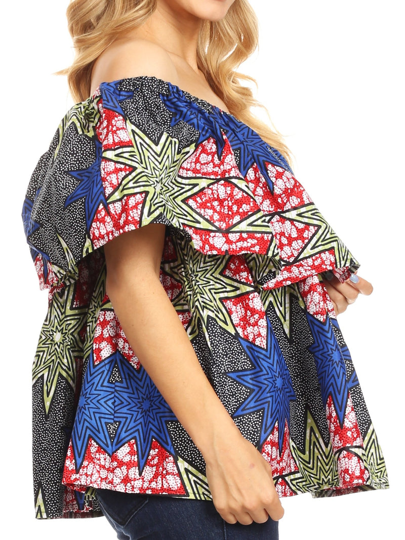 Sakkas Imani Colorful Wax African Ankara Dutch Off-shoulder Blouse Top Gorgeous