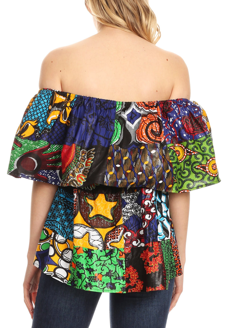 Sakkas Imani Colorful Wax African Ankara Dutch Off-shoulder Blouse Top