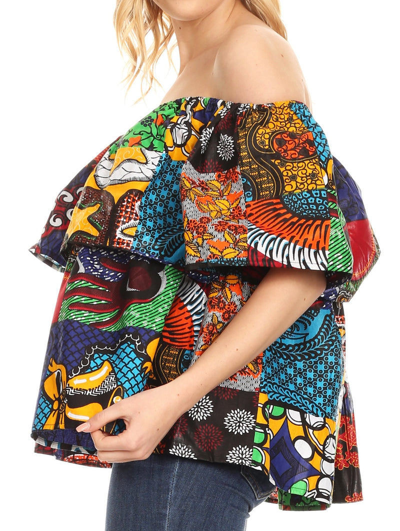 Sakkas Imani Colorful Wax African Ankara Dutch Off-shoulder Blouse Top Gorgeous