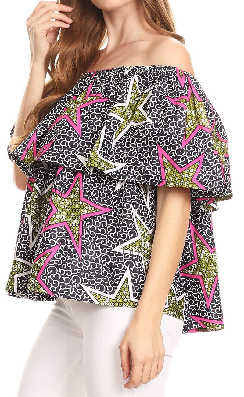 Sakkas Imani Colorful Wax African Ankara Dutch Off-shoulder Blouse Top Gorgeous