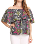 Sakkas Imani Colorful Wax African Ankara Dutch Off-shoulder Blouse Top Gorgeous#color_BlackMulti/stars