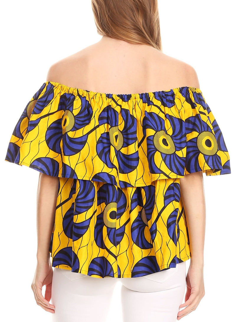 Sakkas Imani Colorful Wax African Ankara Dutch Off-shoulder Blouse Top Gorgeous