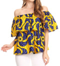 Sakkas Imani Colorful Wax African Ankara Dutch Off-shoulder Blouse Top Gorgeous#color_Blueyellow/Fan