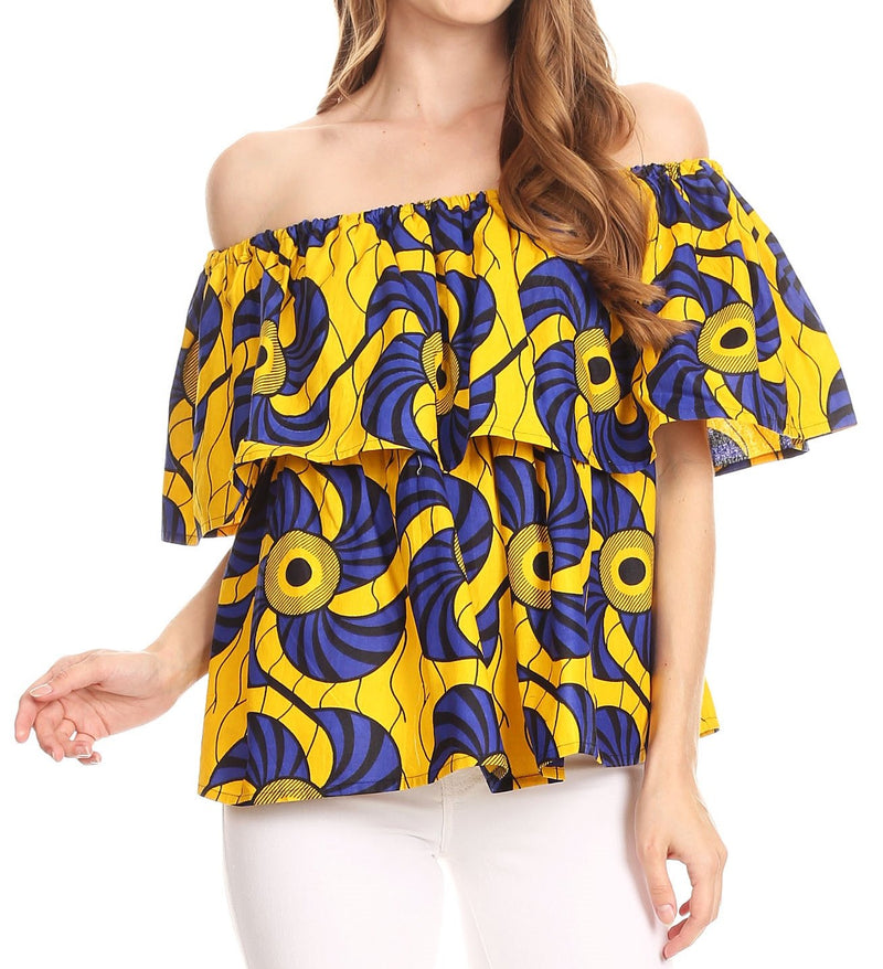 Sakkas Imani Colorful Wax African Ankara Dutch Off-shoulder Blouse Top Gorgeous