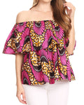 Sakkas Imani Colorful Wax African Ankara Dutch Off-shoulder Blouse Top Gorgeous#color_Pink/Ocelli