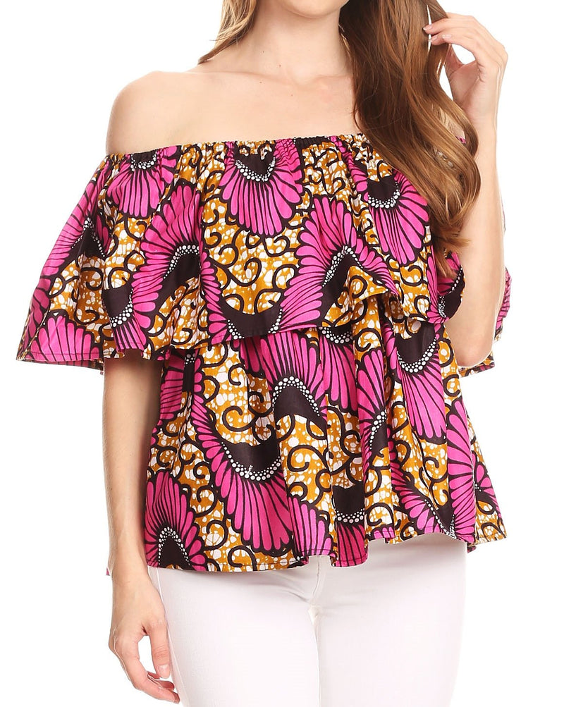 Sakkas Imani Colorful Wax African Ankara Dutch Off-shoulder Blouse Top Gorgeous