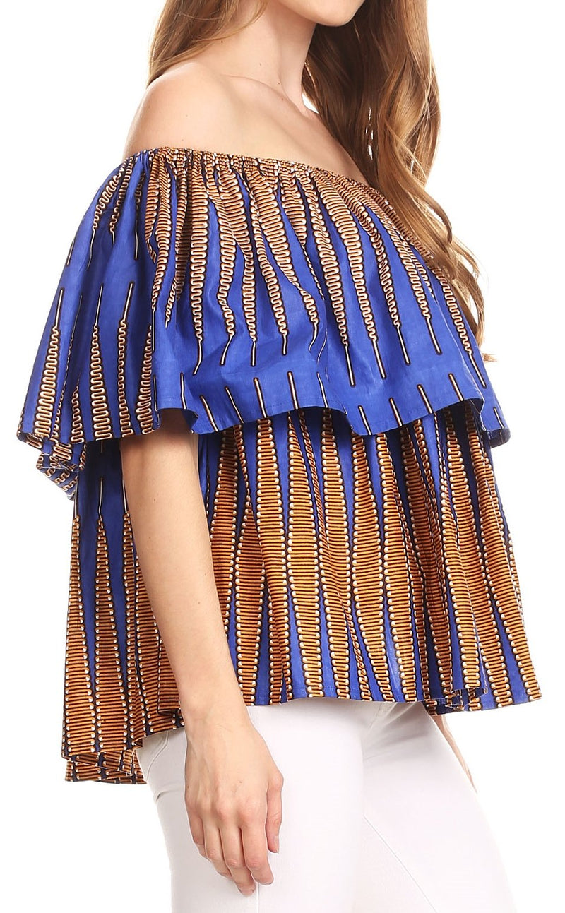 Sakkas Imani Colorful Wax African Ankara Dutch Off-shoulder Blouse Top Gorgeous