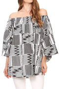 Sakkas Zane Off-shoulder Circle Poncho Top Blouse Relax Fit Elastic Neckline#color_BlackWhite/tribal
