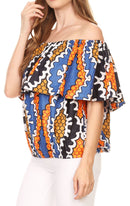 Sakkas Amai Off-shoulder Ruffle Ankara Wax African Dutch Casual Blouse Top