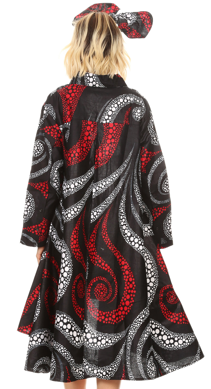 Sakkas Sol Womens Summer Swing Loose Dress African Print Roll up Sleeve Button