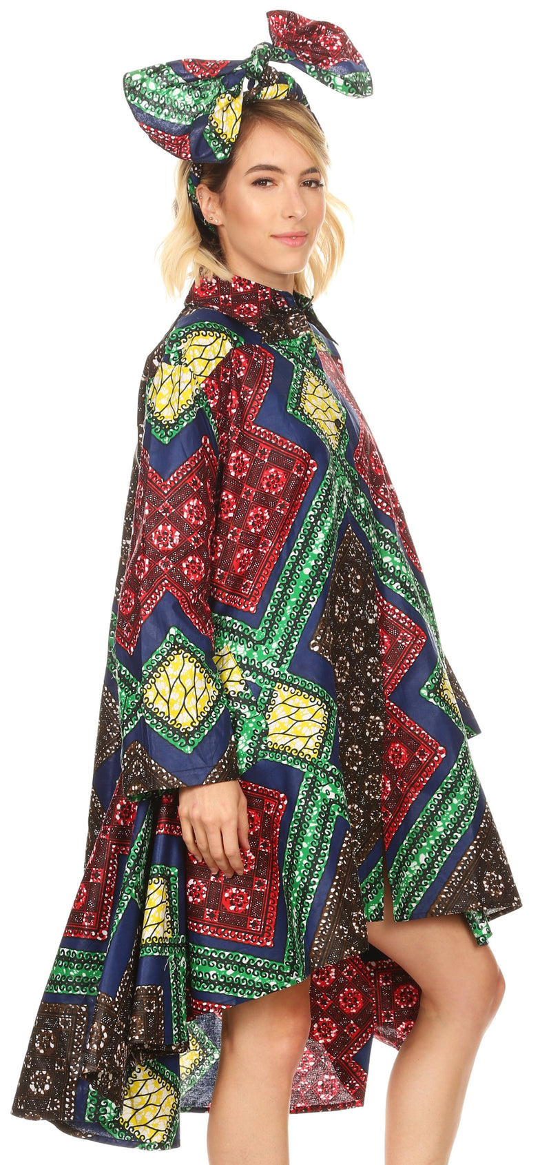 Sakkas Sol Womens Summer Swing Loose Dress African Print Roll up Sleeve Button