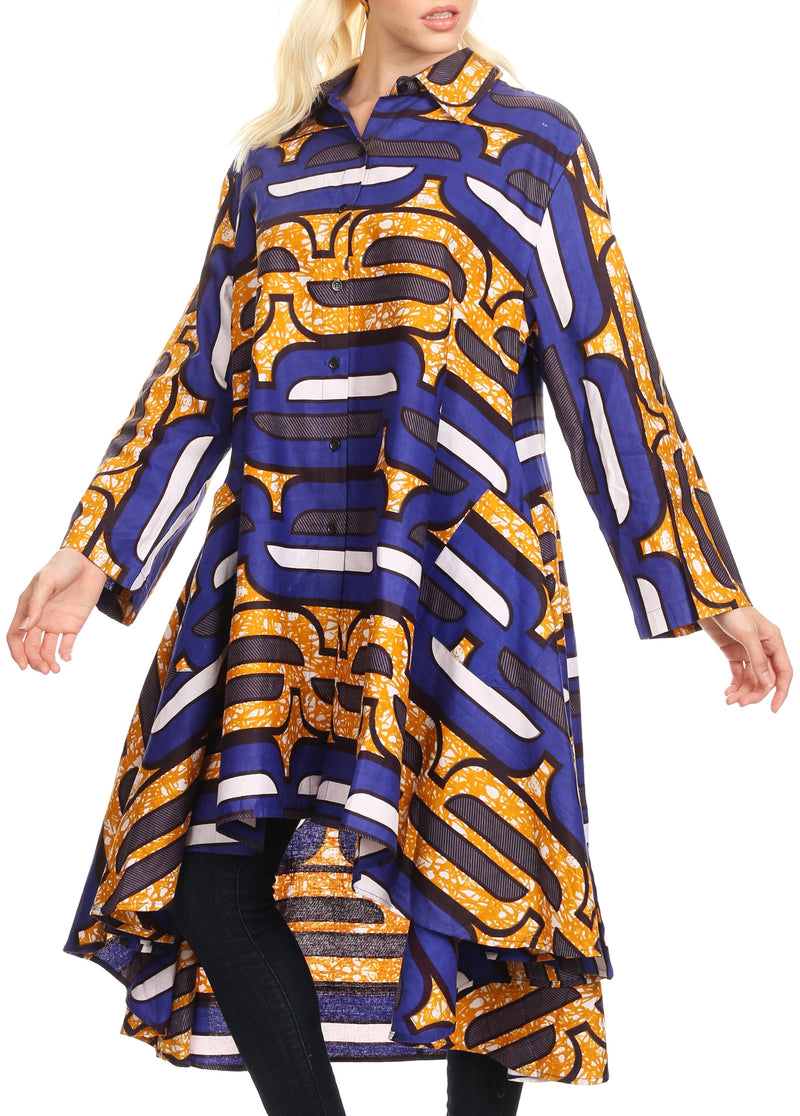 Sakkas Sol Womens Summer Swing Loose Dress African Print Roll up Sleeve Button