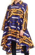 Sakkas Sol Womens Summer Swing Loose Dress African Print Roll up Sleeve Button#color_418-Blue/yellow