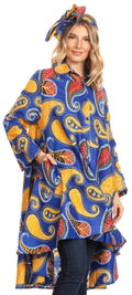 Sakkas Sol Womens Summer Swing Loose Dress African Print Roll up Sleeve Button#color_44-BlueYellow