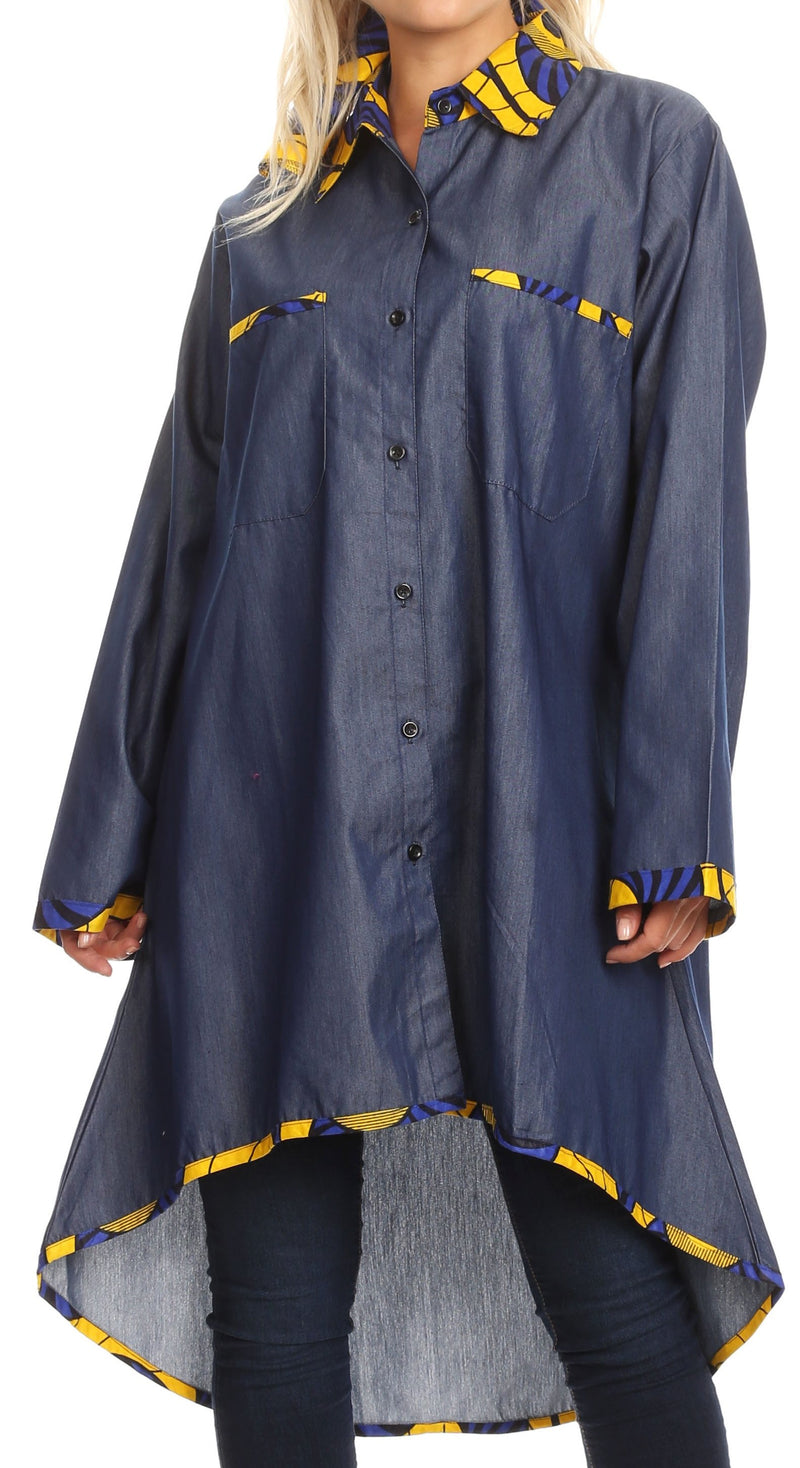 Sakkas Aana Womens Casual Ankara African Denim Chambray Shirt Dress Lo Sakkas Aana Womens Casual Ankara African Denim Chambray Shirt Dress Lo