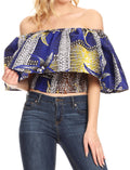 Sakkas Zola Women's Off Shoulder Pullover Blouse Top in African Ankara Wax Print#color_118-RoyalYellowMulti