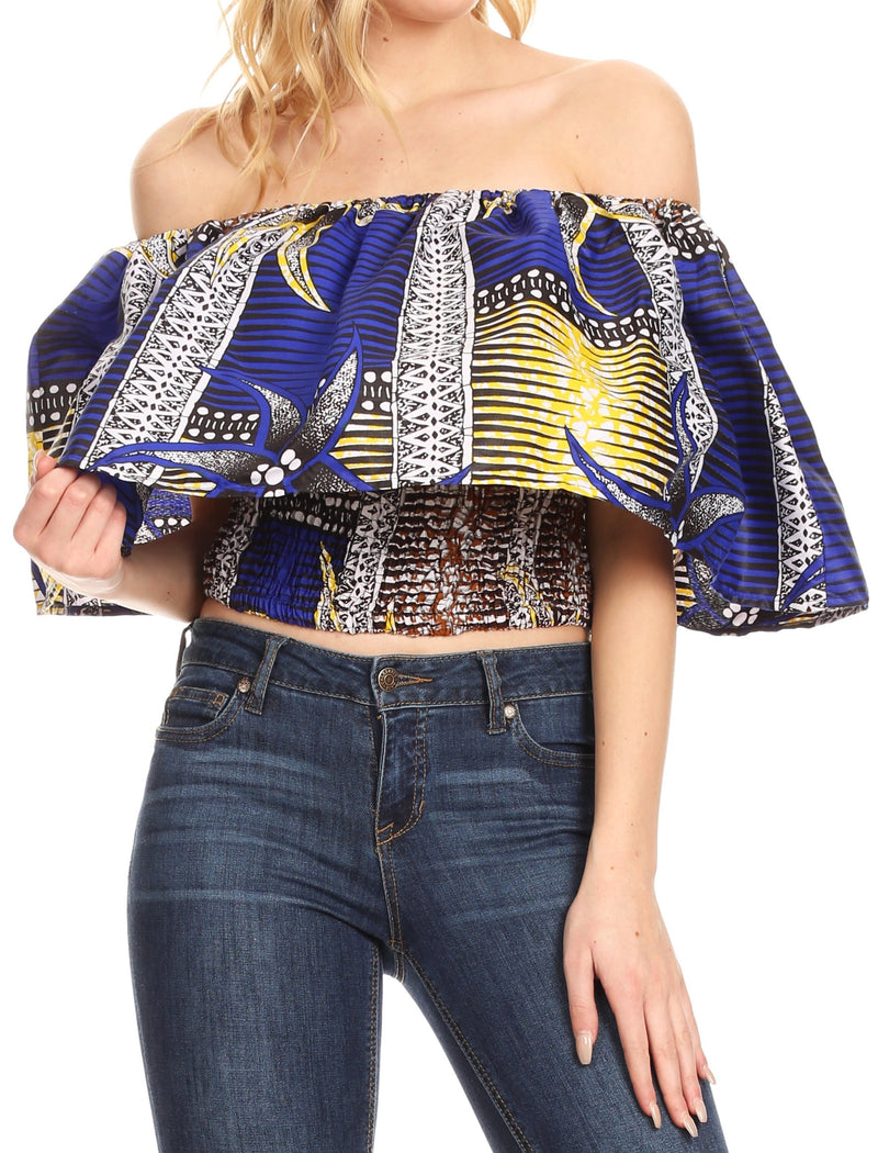 Sakkas Zola Women's Off Shoulder Pullover Blouse Top in African Ankara Wax Print