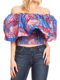 Sakkas Zola Women's Off Shoulder Pullover Blouse Top in African Ankara Wax Print#color_119-BlueRedMulti
