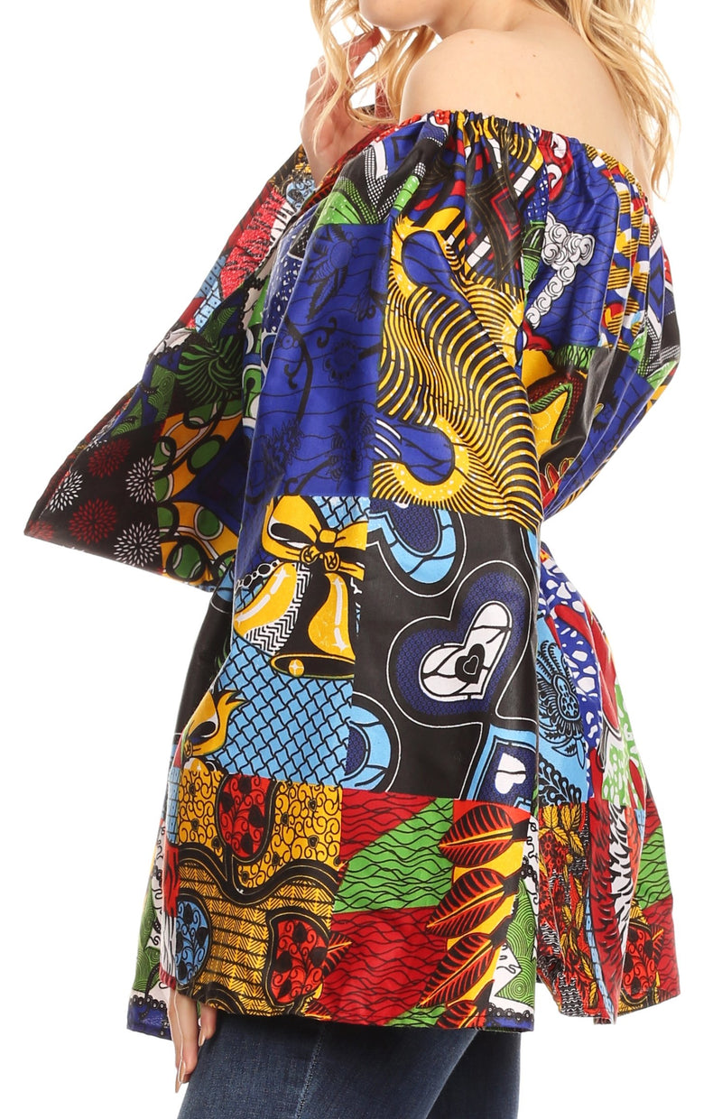 Sakkas Mela Women's Long Sleeve Peplum Off Shoulder Blouse Top in African Ankara