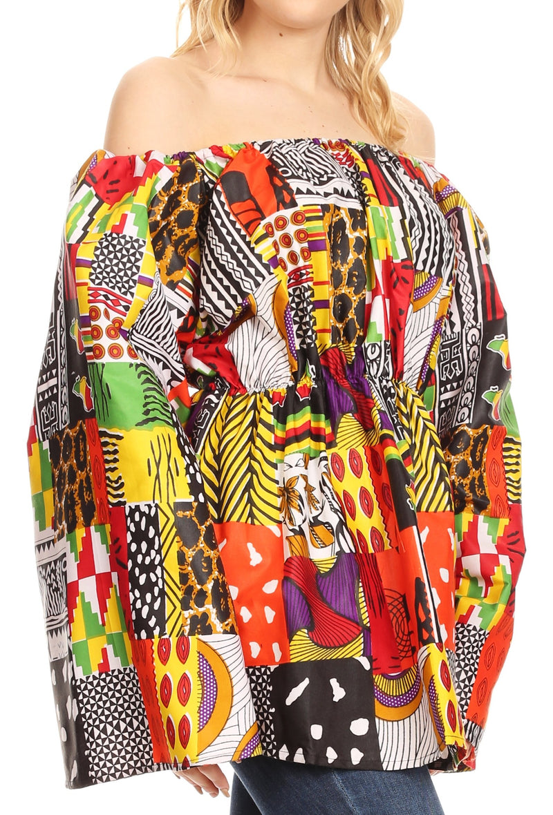 Sakkas Mela Women's Long Sleeve Peplum Off Shoulder Blouse Top in African Ankara