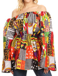 Sakkas Mela Women's Long Sleeve Peplum Off Shoulder Blouse Top in African Ankara#color_146-Multi