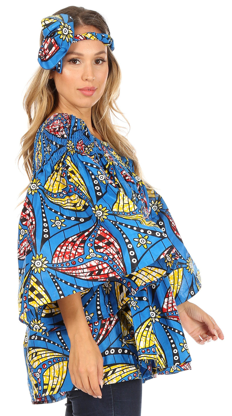 Sakkas Mela Women's Long Sleeve Peplum Off Shoulder Blouse Top in African Ankara