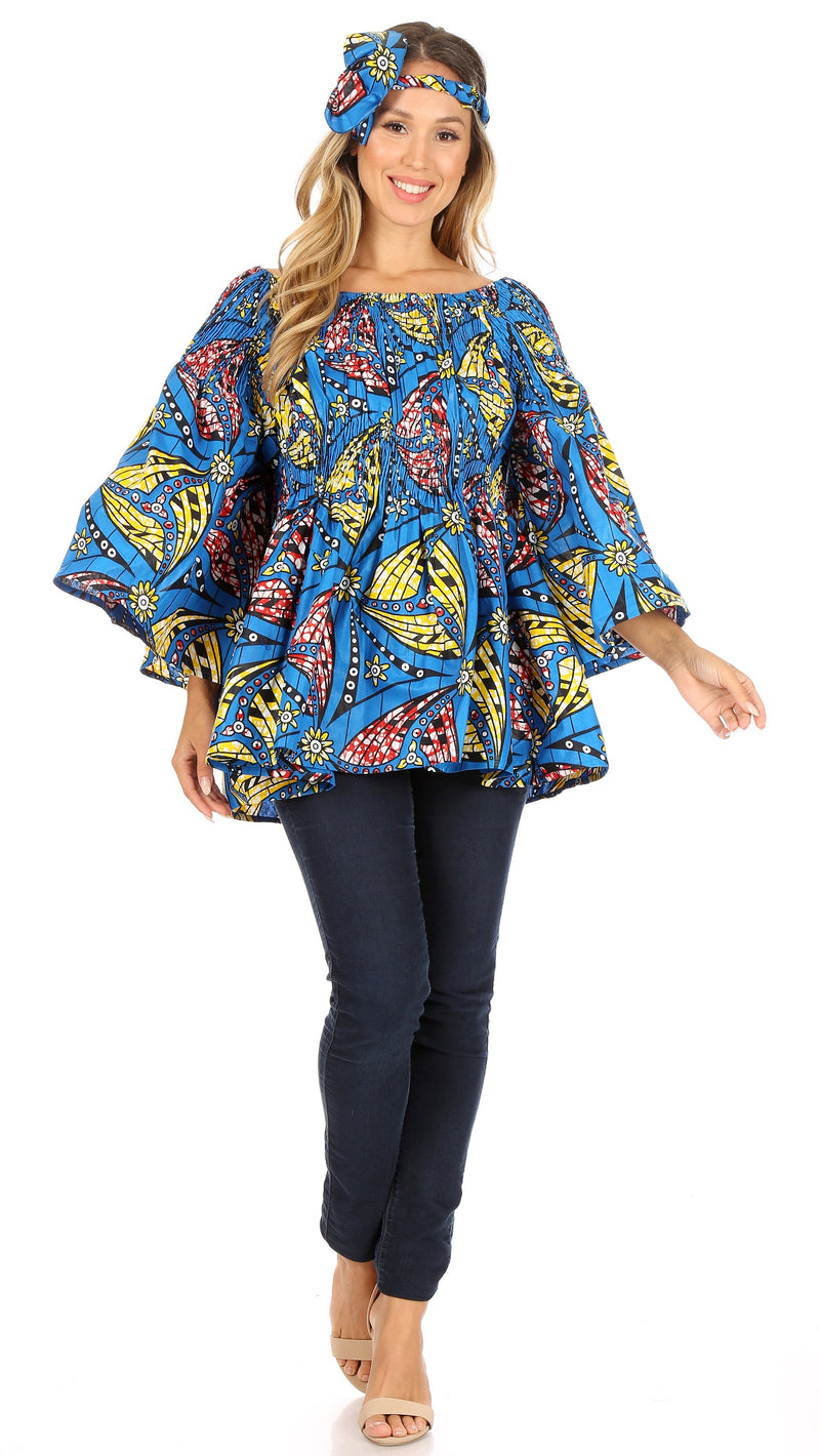 Sakkas Mela Women's Long Sleeve Peplum Off Shoulder Blouse Top in African Ankara