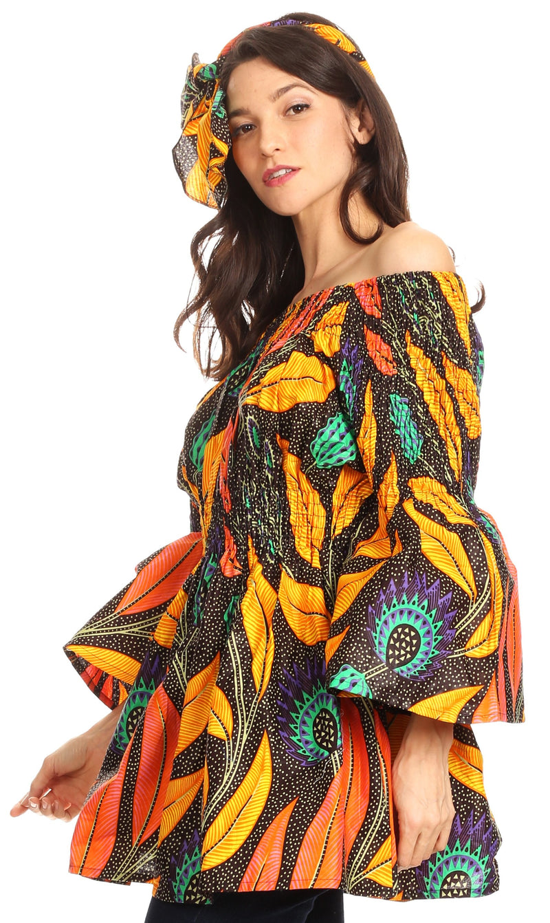 Sakkas Mela Women's Long Sleeve Peplum Off Shoulder Blouse Top in African Ankara