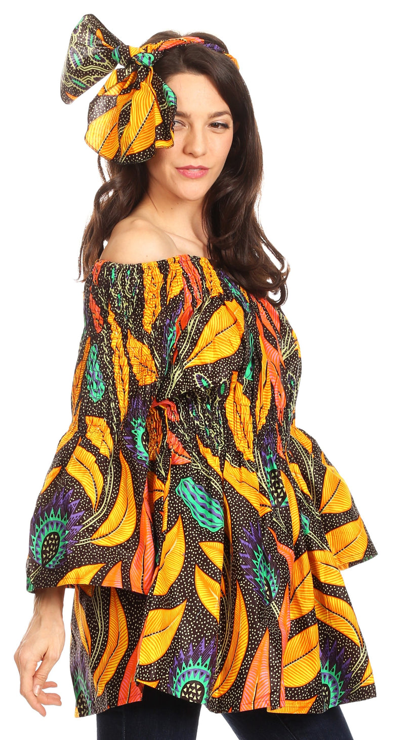 Sakkas Mela Women's Long Sleeve Peplum Off Shoulder Blouse Top in African Ankara