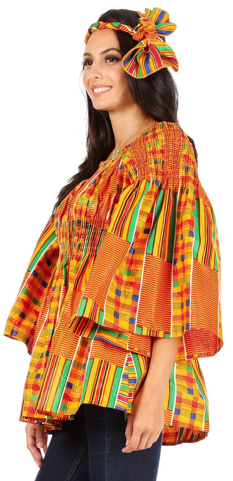 Sakkas Mela Women's Long Sleeve Peplum Off Shoulder Blouse Top in African Ankara