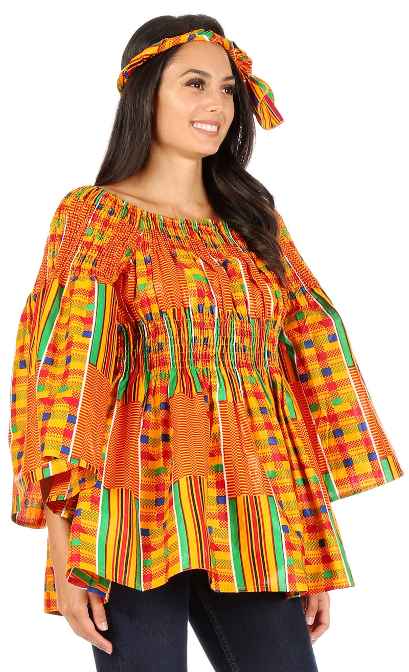 Sakkas Mela Women's Long Sleeve Peplum Off Shoulder Blouse Top in African Ankara