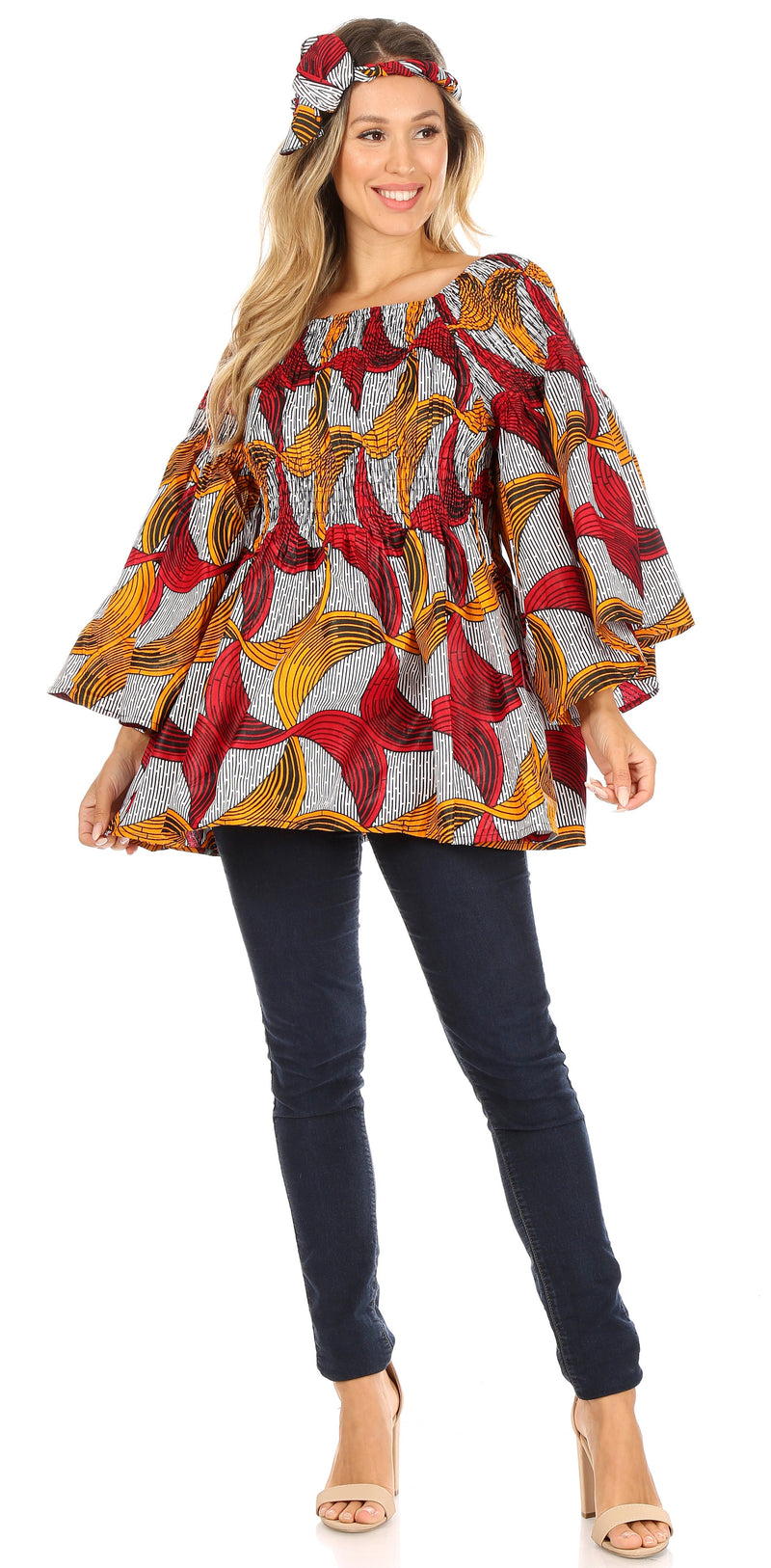 Sakkas Mela Women's Long Sleeve Peplum Off Shoulder Blouse Top in African Ankara