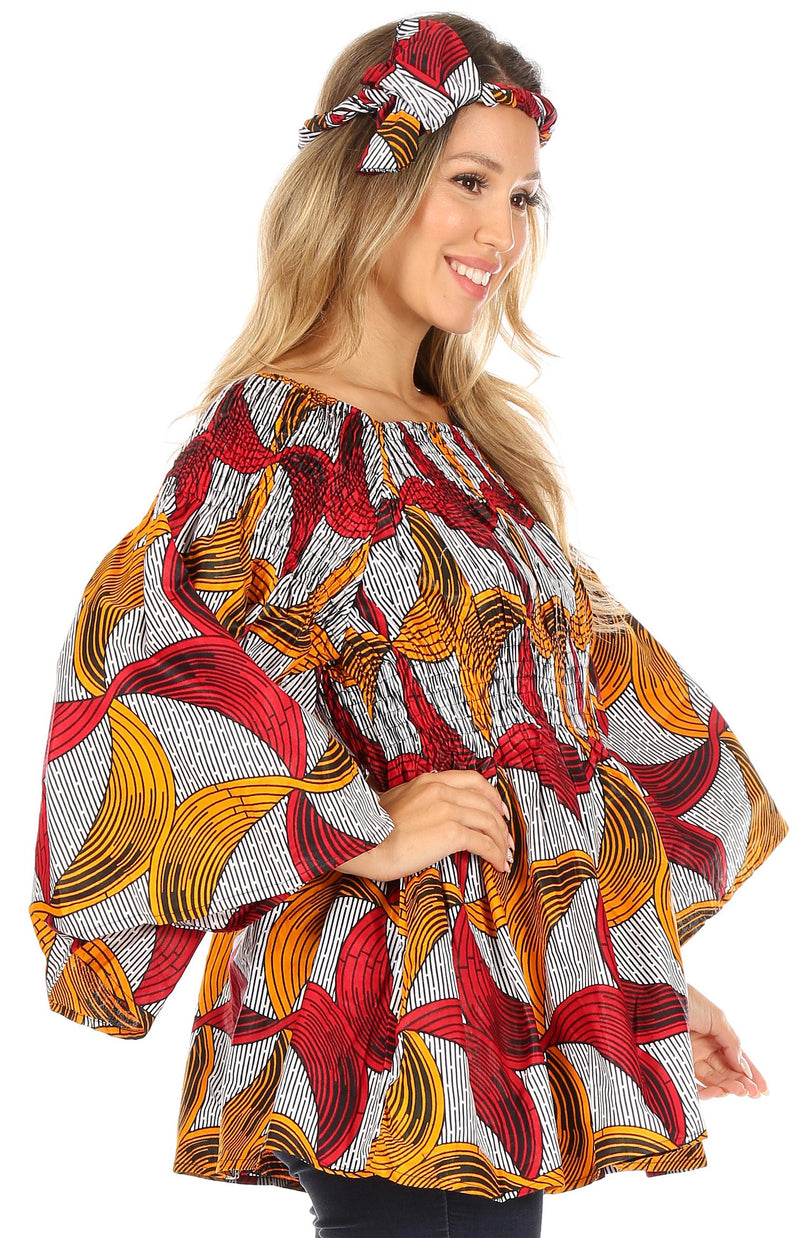 Sakkas Mela Women's Long Sleeve Peplum Off Shoulder Blouse Top in African Ankara