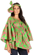 Sakkas Mela Women's Long Sleeve Peplum Off Shoulder Blouse Top in African Ankara#color_2291-66-FuschGreen