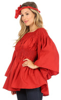 Sakkas Mela Women's Long Sleeve Peplum Off Shoulder Blouse Top in African Ankara#color_2291-Red
