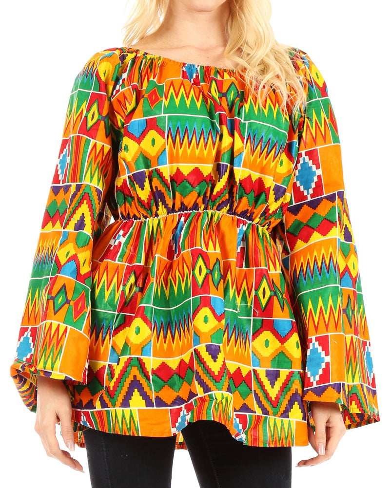 Sakkas Mela Women's Long Sleeve Peplum Off Shoulder Blouse Top in African Ankara