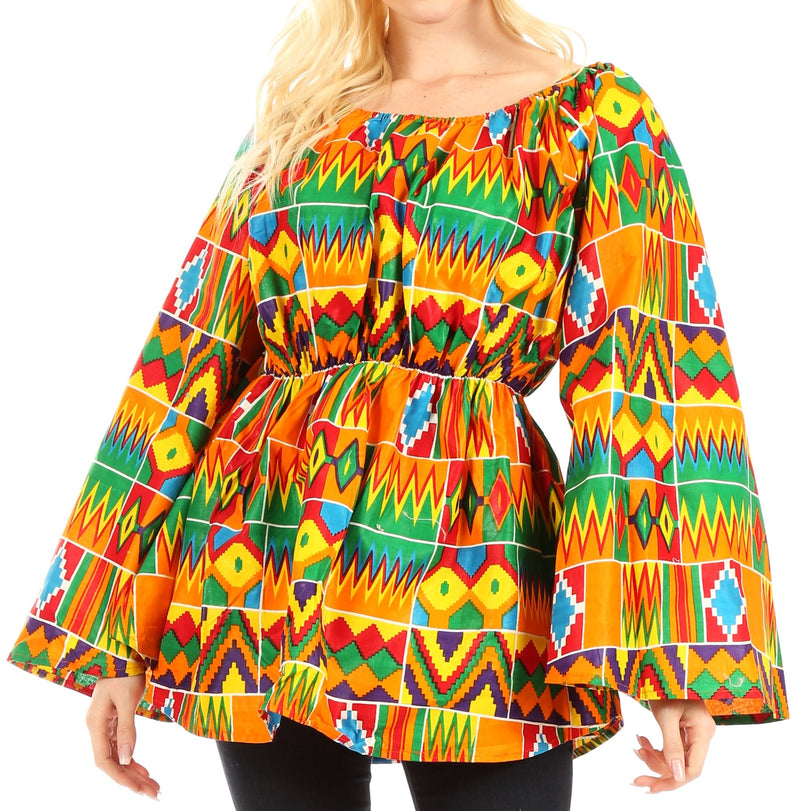 Sakkas Mela Women's Long Sleeve Peplum Off Shoulder Blouse Top in African Ankara