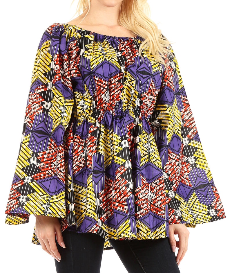 Sakkas Mela Women's Long Sleeve Peplum Off Shoulder Blouse Top in African Ankara