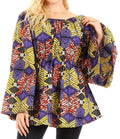 Sakkas Mela Women's Long Sleeve Peplum Off Shoulder Blouse Top in African Ankara#color_49-Multi