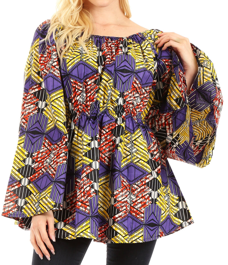 Sakkas Mela Women's Long Sleeve Peplum Off Shoulder Blouse Top in African Ankara