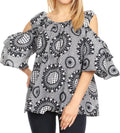 Sakkas Miranda Women's African Ankara Cold Shoulder Short Sleeve Flare Top Blouse#color_26-BlackWhite