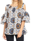 Sakkas Miranda Women's African Ankara Cold Shoulder Short Sleeve Flare Top Blouse#color_31-Multi