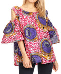 Sakkas Miranda Women's African Ankara Cold Shoulder Short Sleeve Flare Top Blouse#color_34-PinkWhite