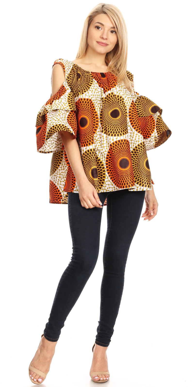 Sakkas Miranda Women's African Ankara Cold Shoulder Short Sleeve Flare Top Blouse