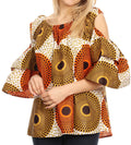 Sakkas Miranda Women's African Ankara Cold Shoulder Short Sleeve Flare Top Blouse#color_36-Multi