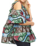 Sakkas Miranda Women's African Ankara Cold Shoulder Short Sleeve Flare Top Blouse