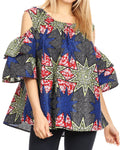 Sakkas Miranda Women's African Ankara Cold Shoulder Short Sleeve Flare Top Blouse#color_38-Multi
